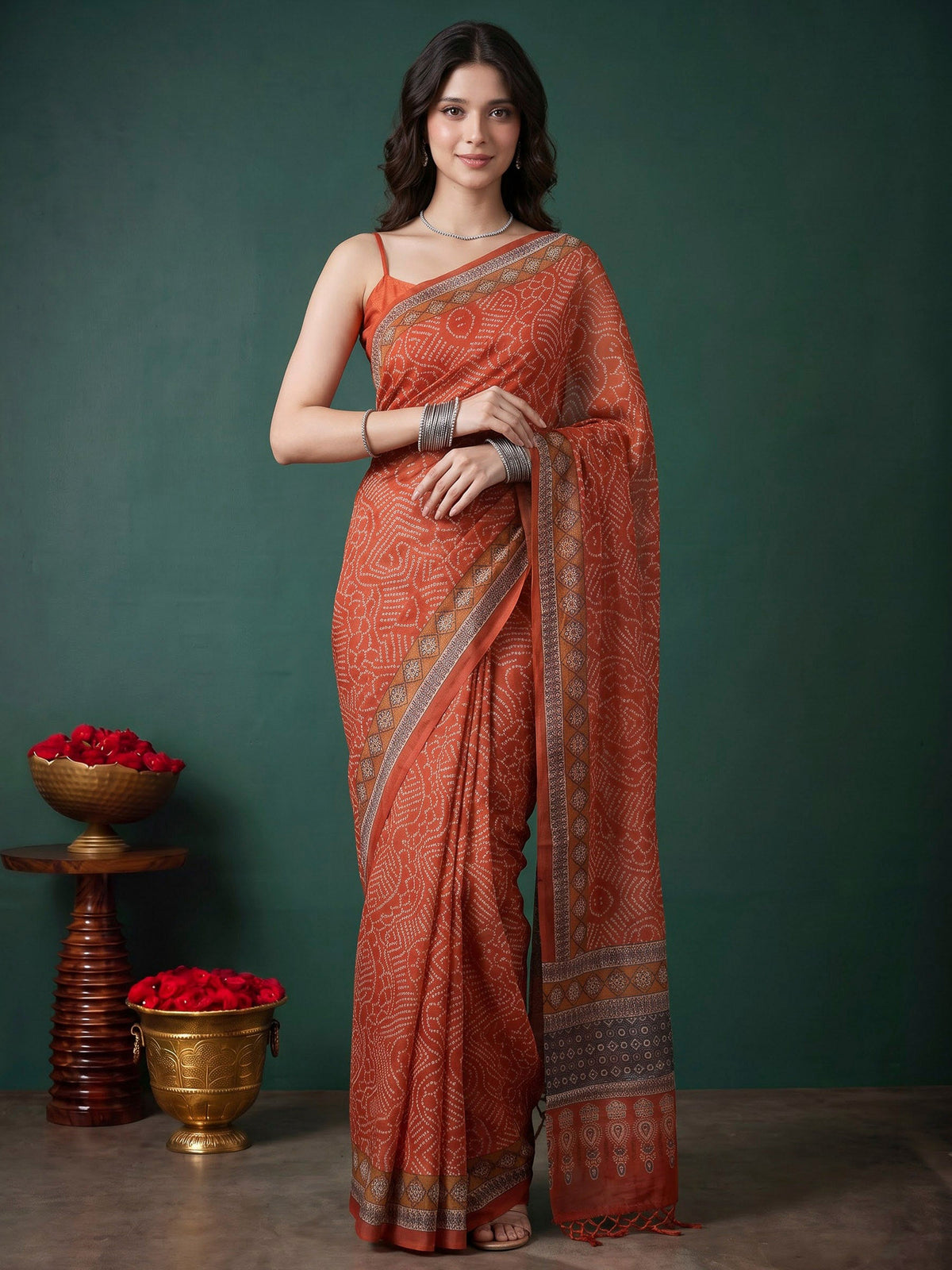 Peach Cotton Blend Printed Sarees
