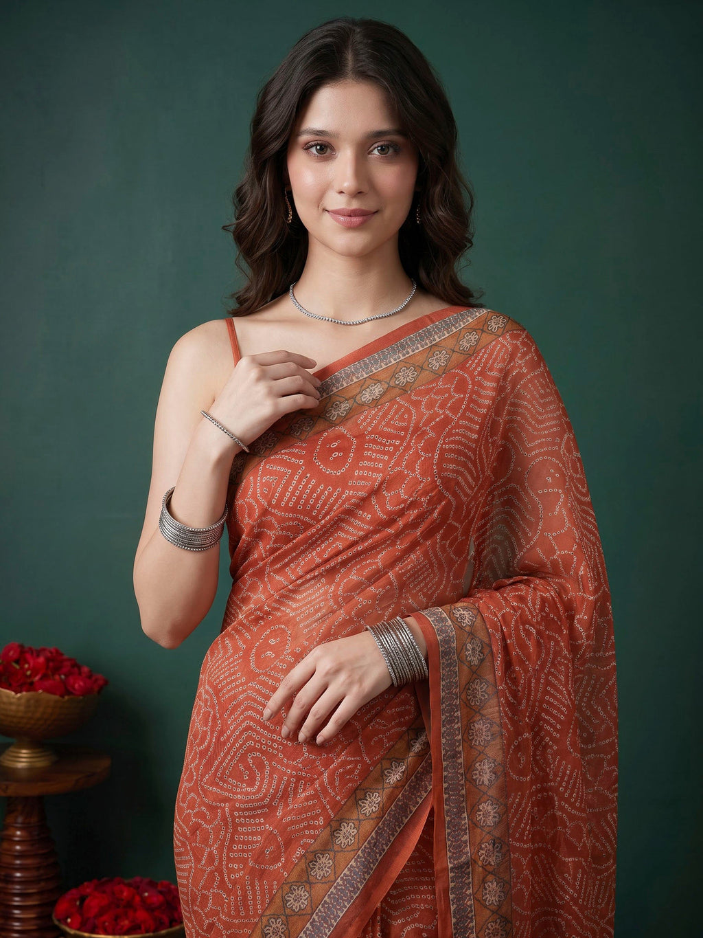 Peach Cotton Blend Printed Sarees