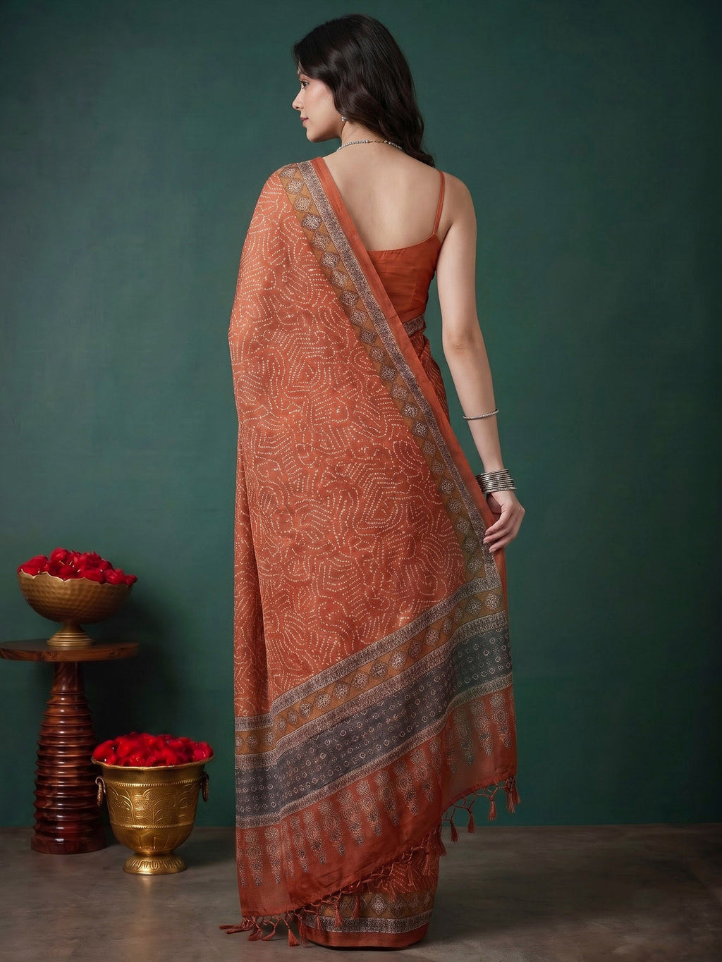 Peach Cotton Blend Printed Sarees
