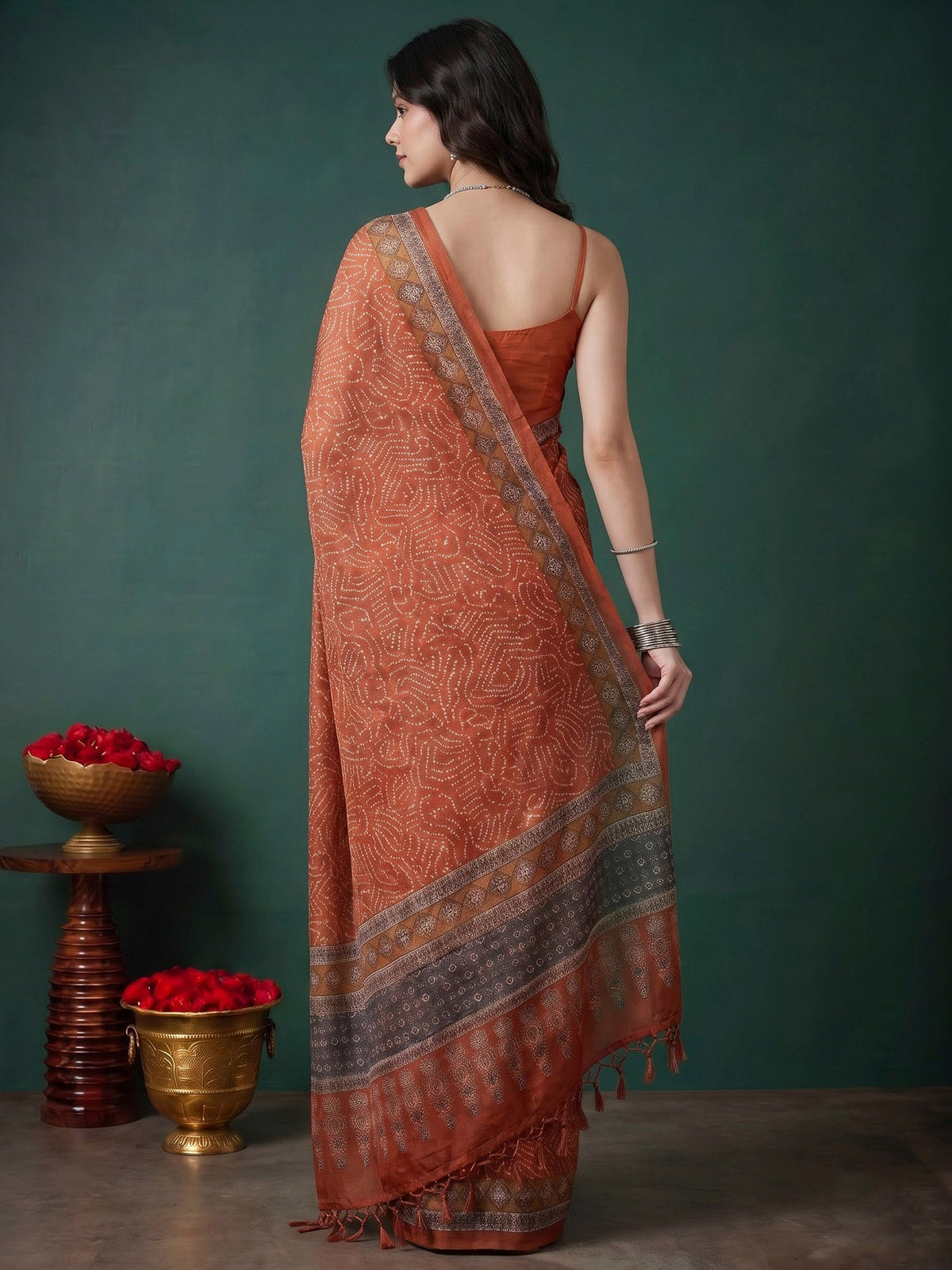 Peach Cotton Blend Printed Sarees