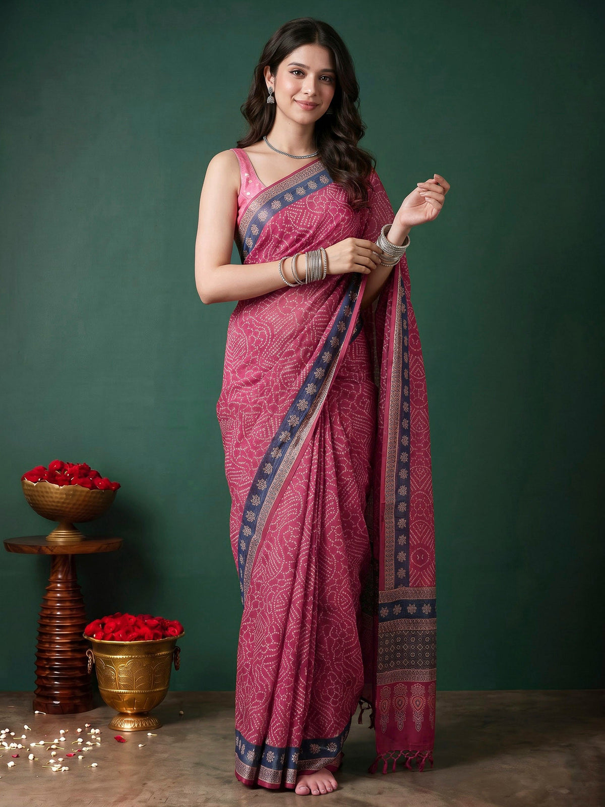 Pink Cotton Blend Printed Sarees
