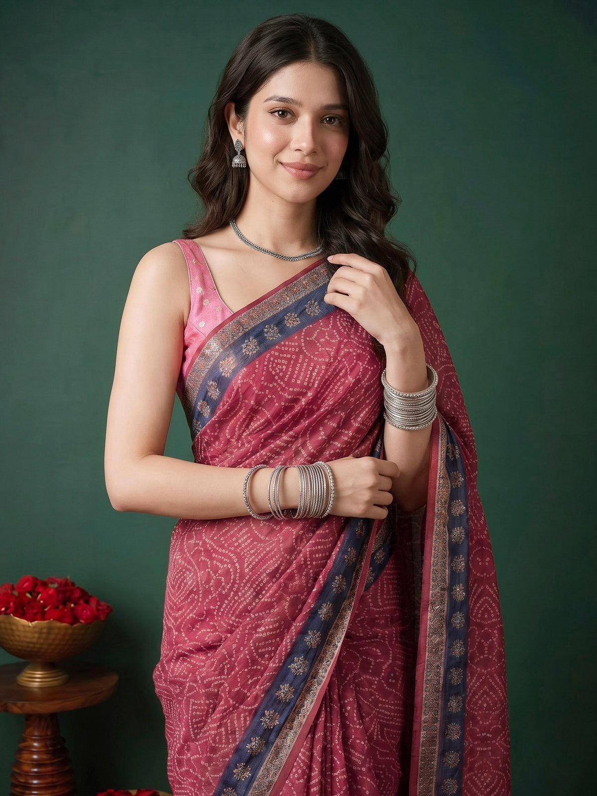 Pink Cotton Blend Printed Sarees
