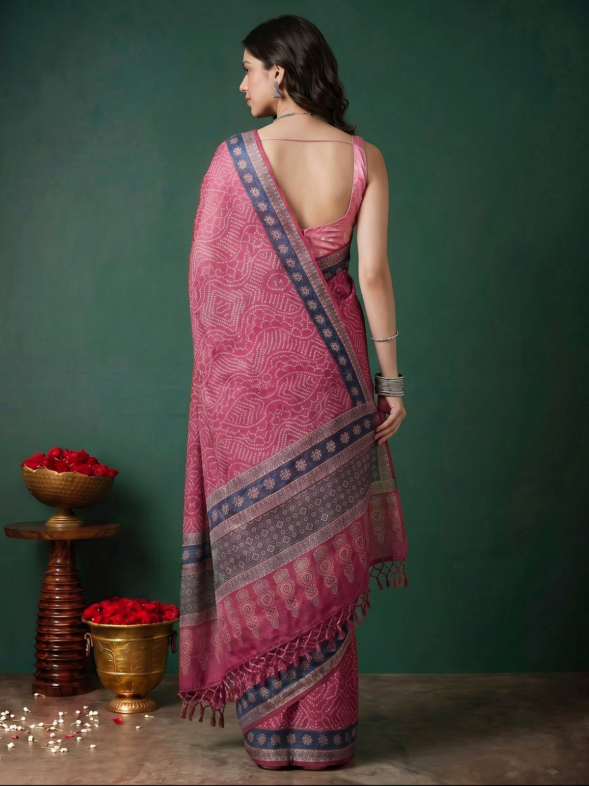 Pink Cotton Blend Printed Sarees