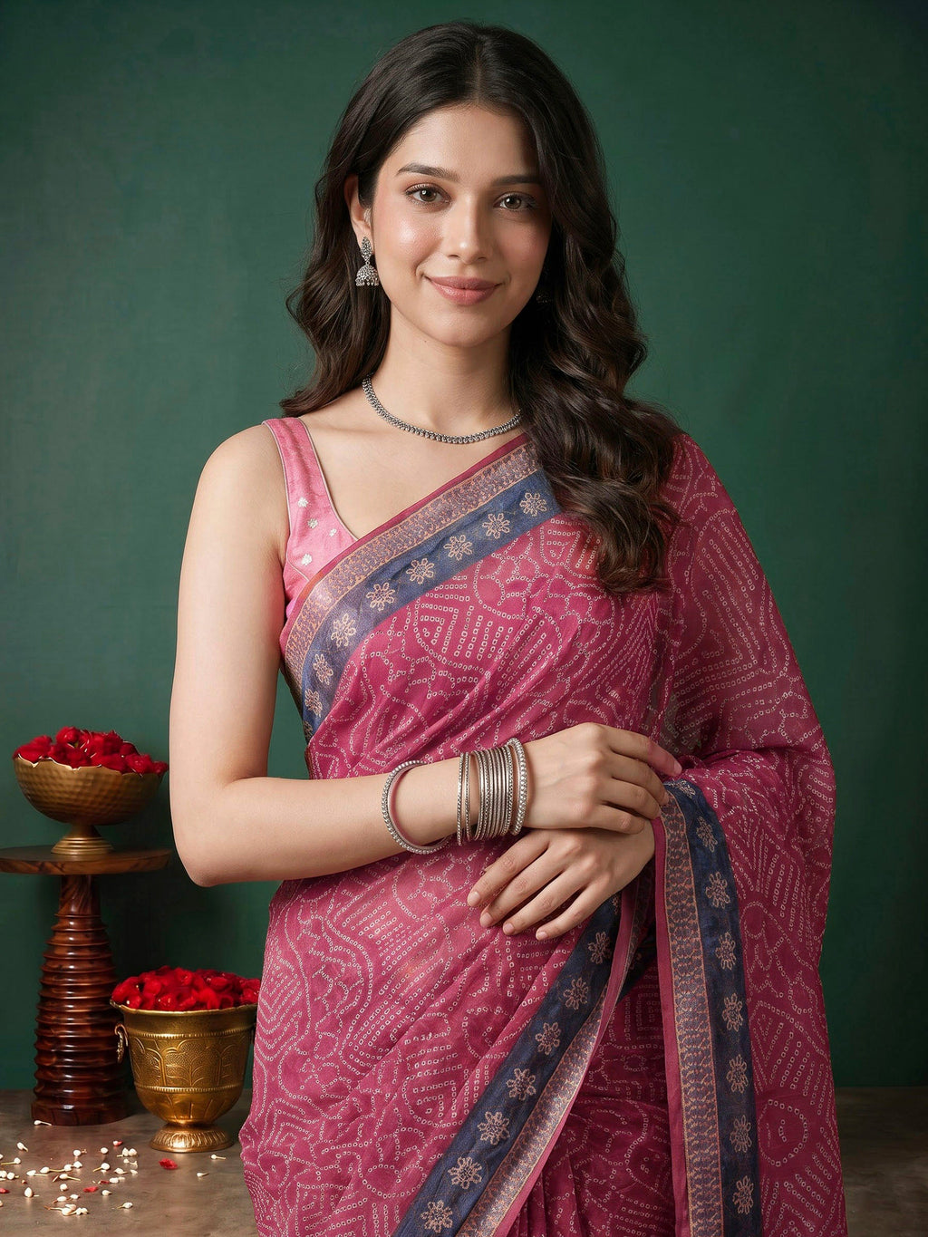 Pink Cotton Blend Printed Sarees