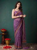 Wine Cotton Blend Printed Sarees