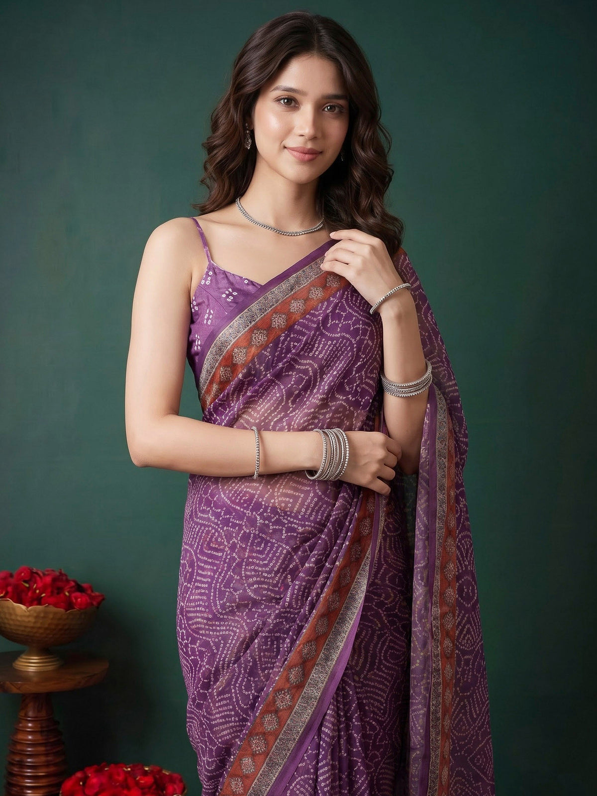 Wine Cotton Blend Printed Sarees