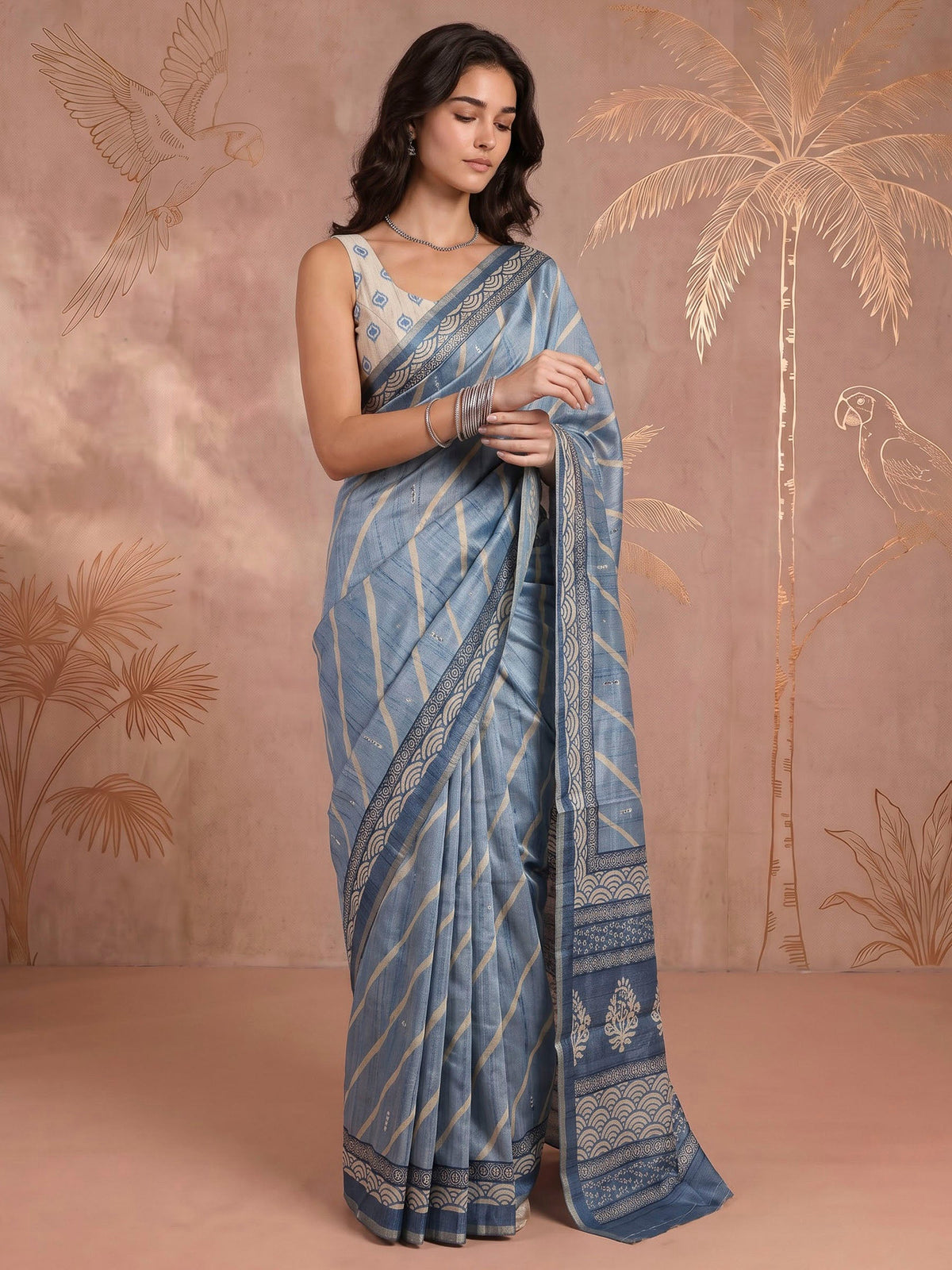 Blue Art Silk Printed Sarees