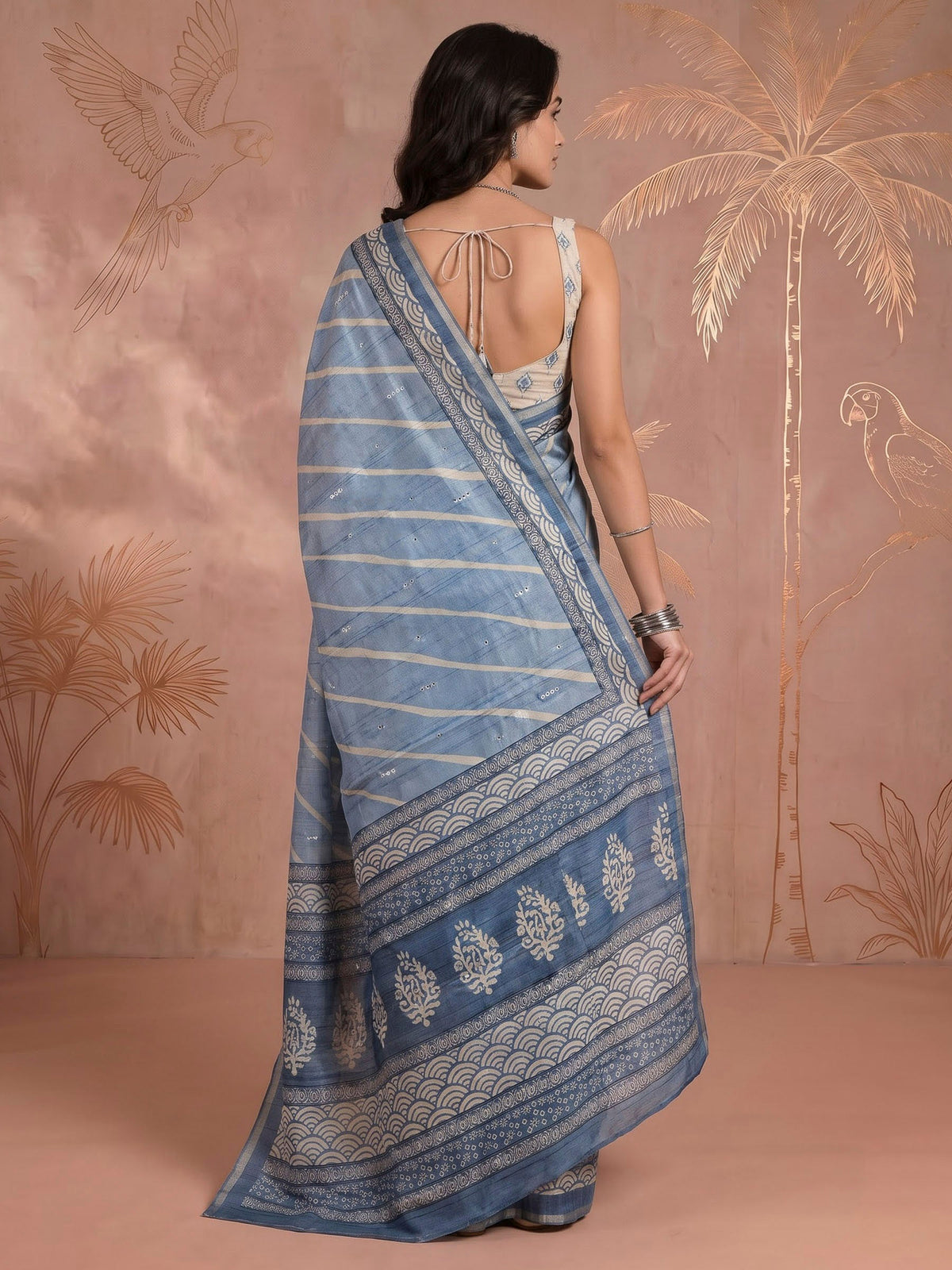 Blue Art Silk Printed Sarees