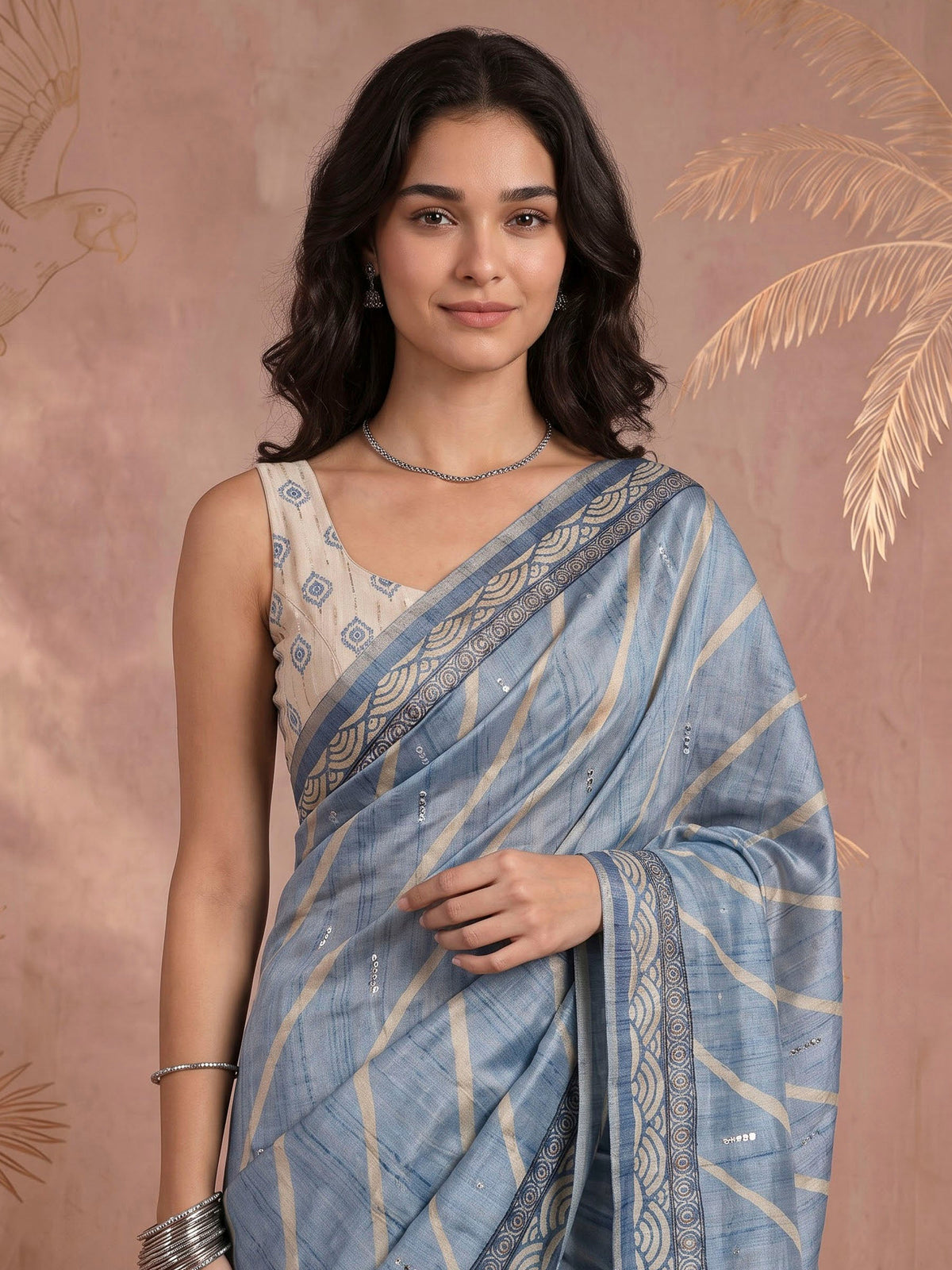 Blue Art Silk Printed Sarees