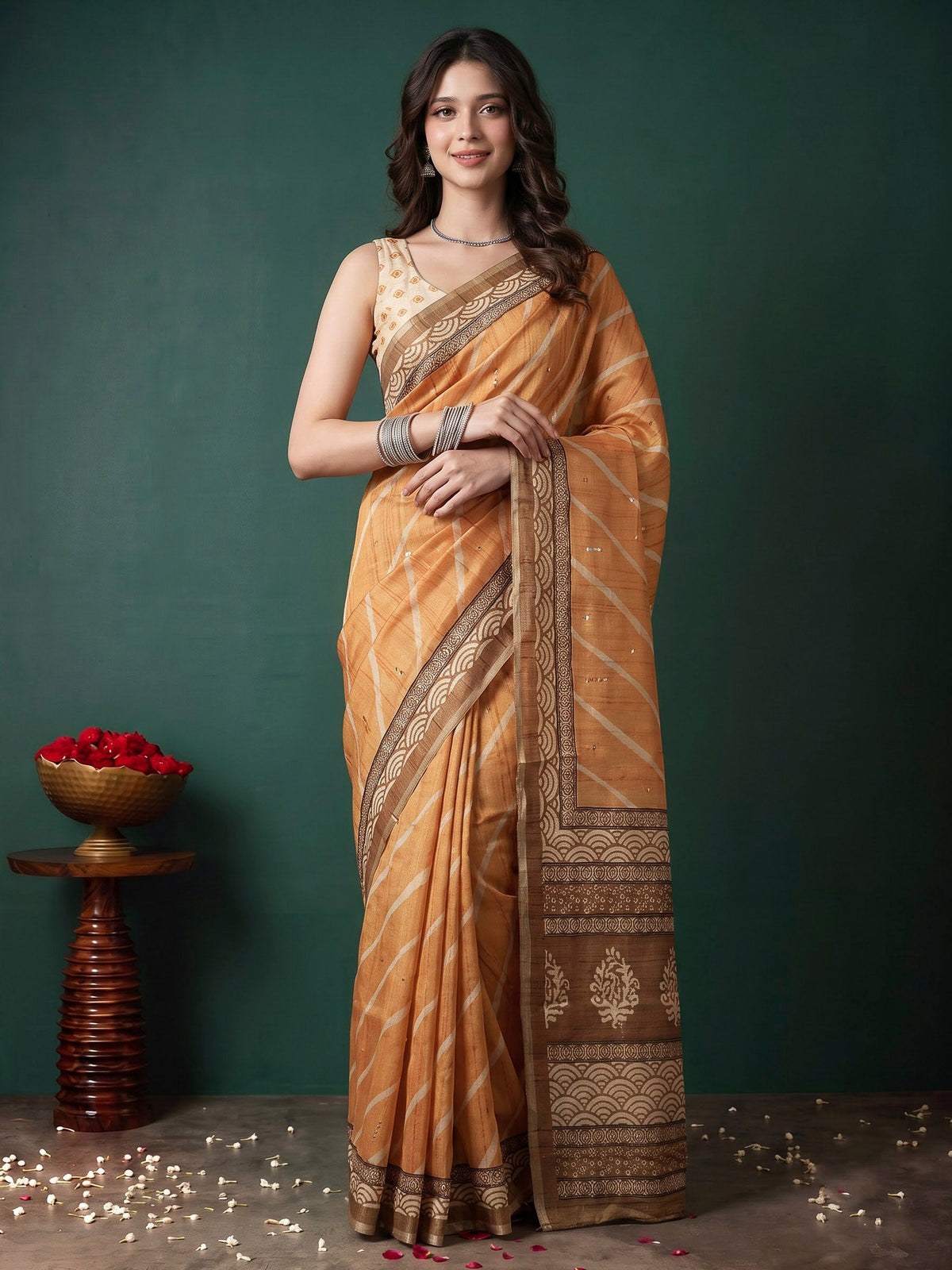 Mustard Art Silk Printed Sarees