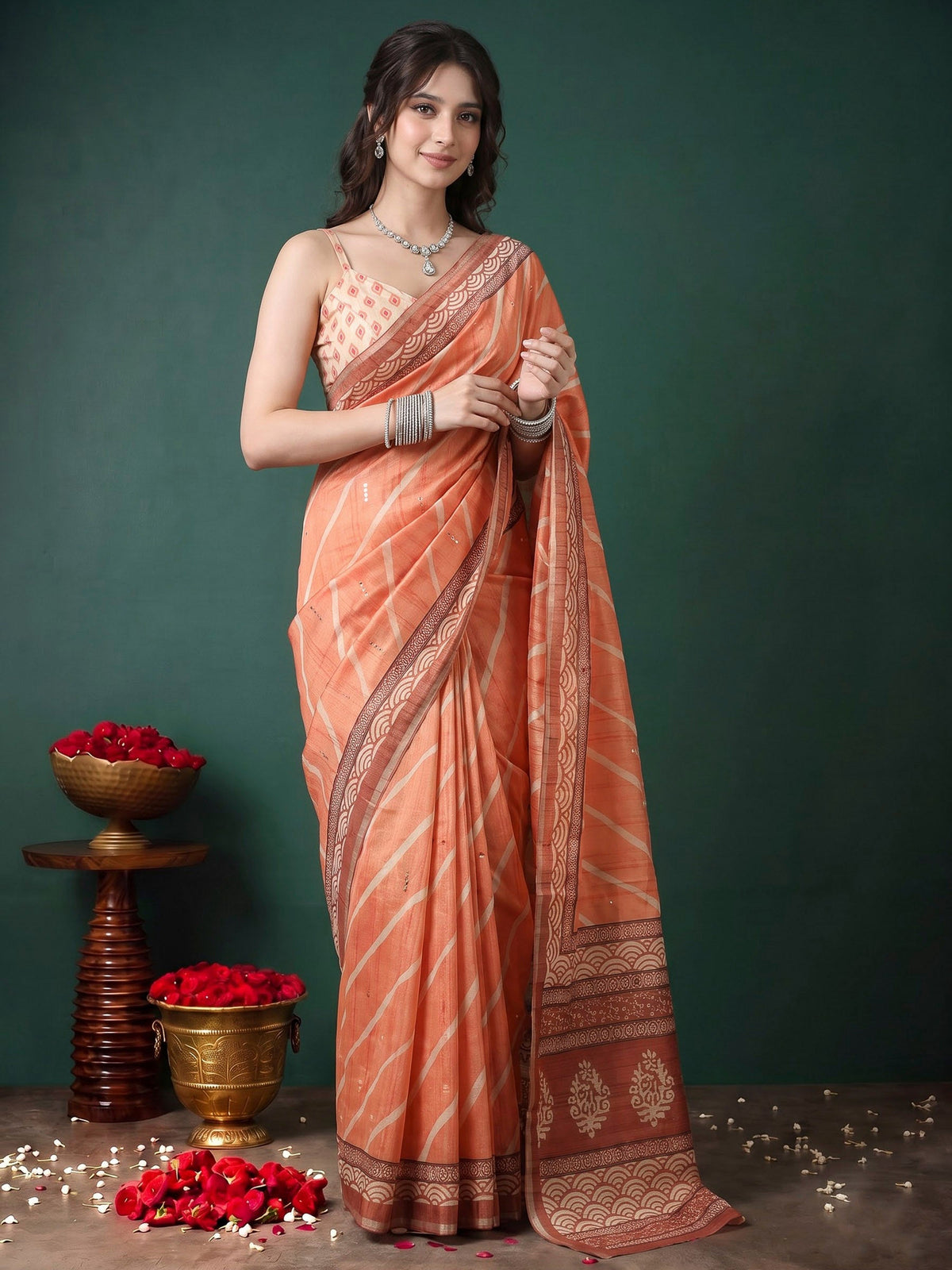 Peach Art Silk Printed Sarees