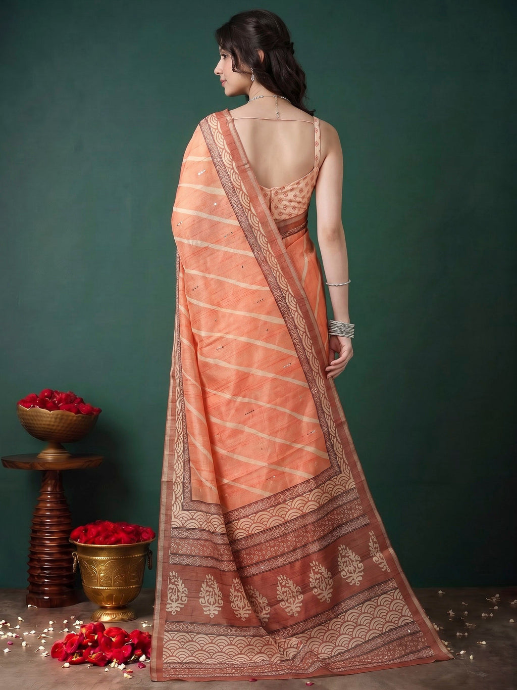 Peach Art Silk Printed Sarees