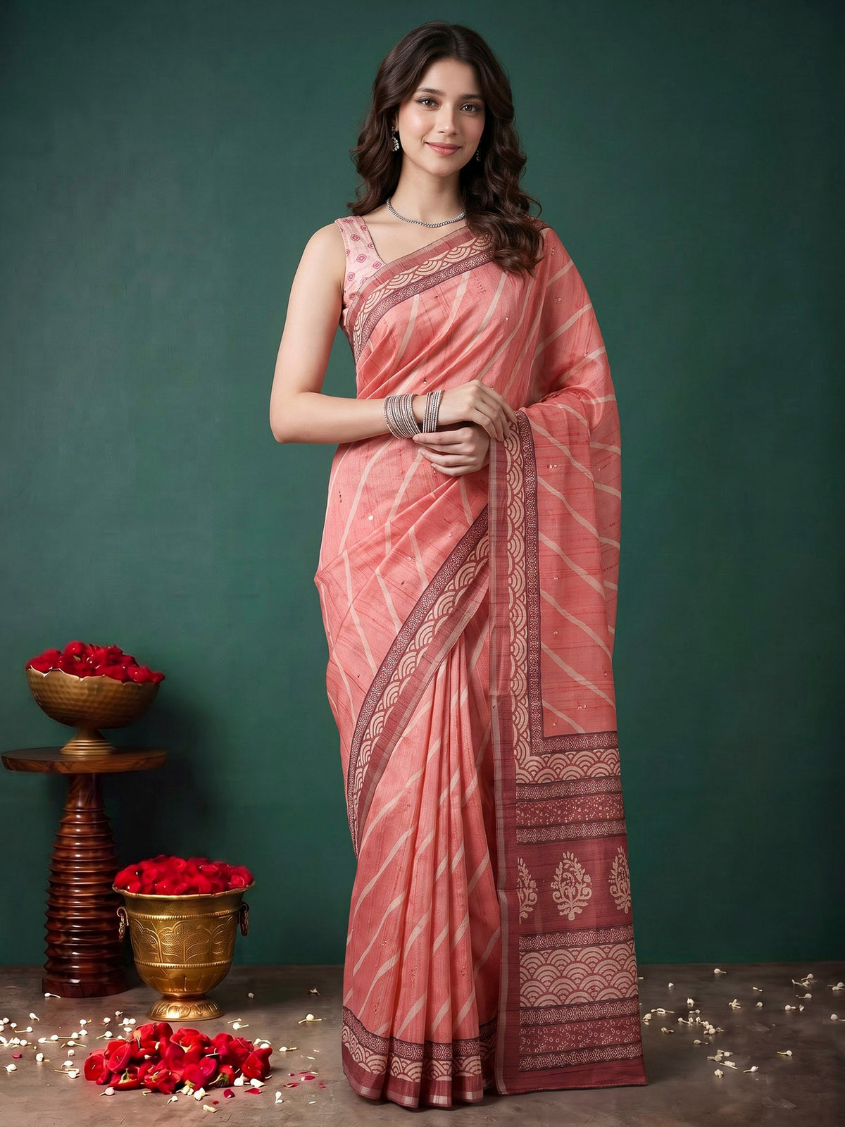 Pink Art Silk Printed Sarees