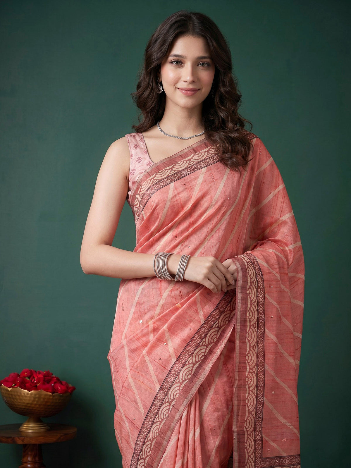 Pink Art Silk Printed Sarees