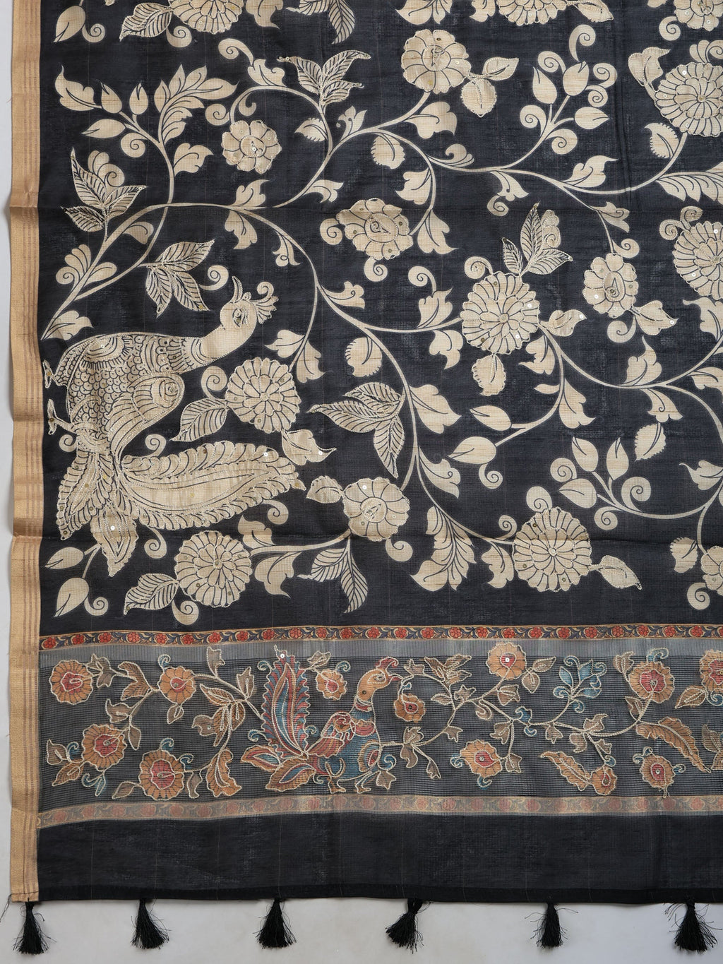 Black Cotton Blend Printed Saree