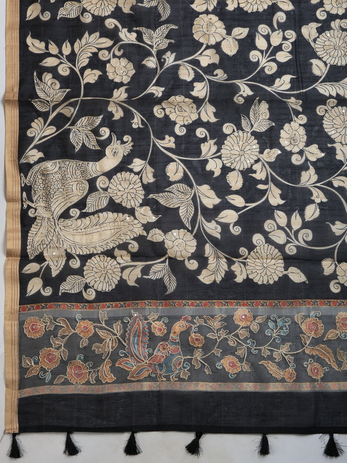 Black Cotton Blend Printed Saree