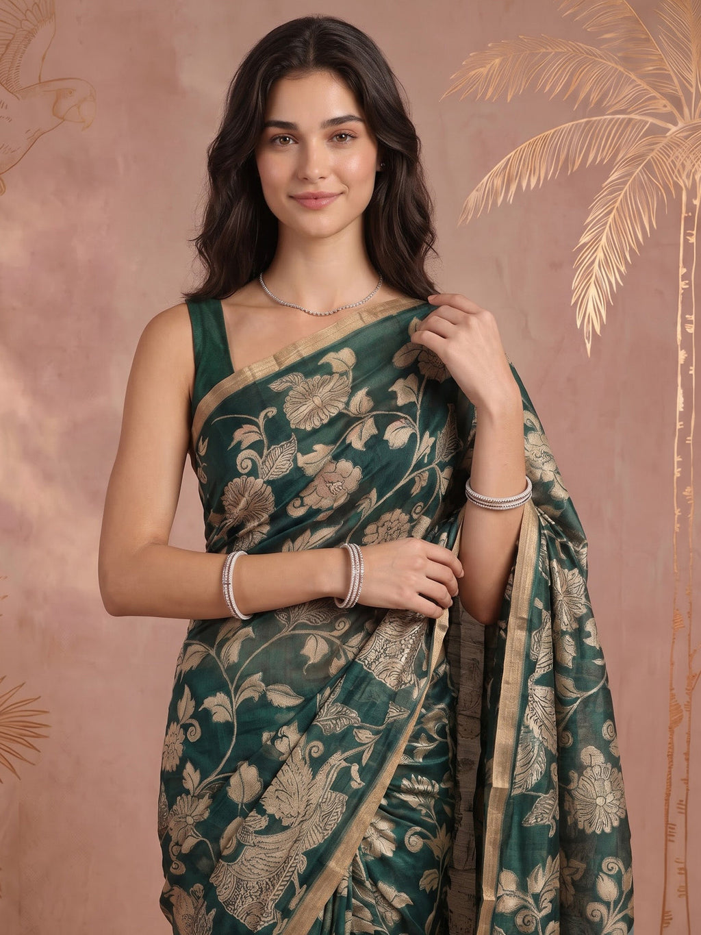 Green Cotton Blend Printed Saree