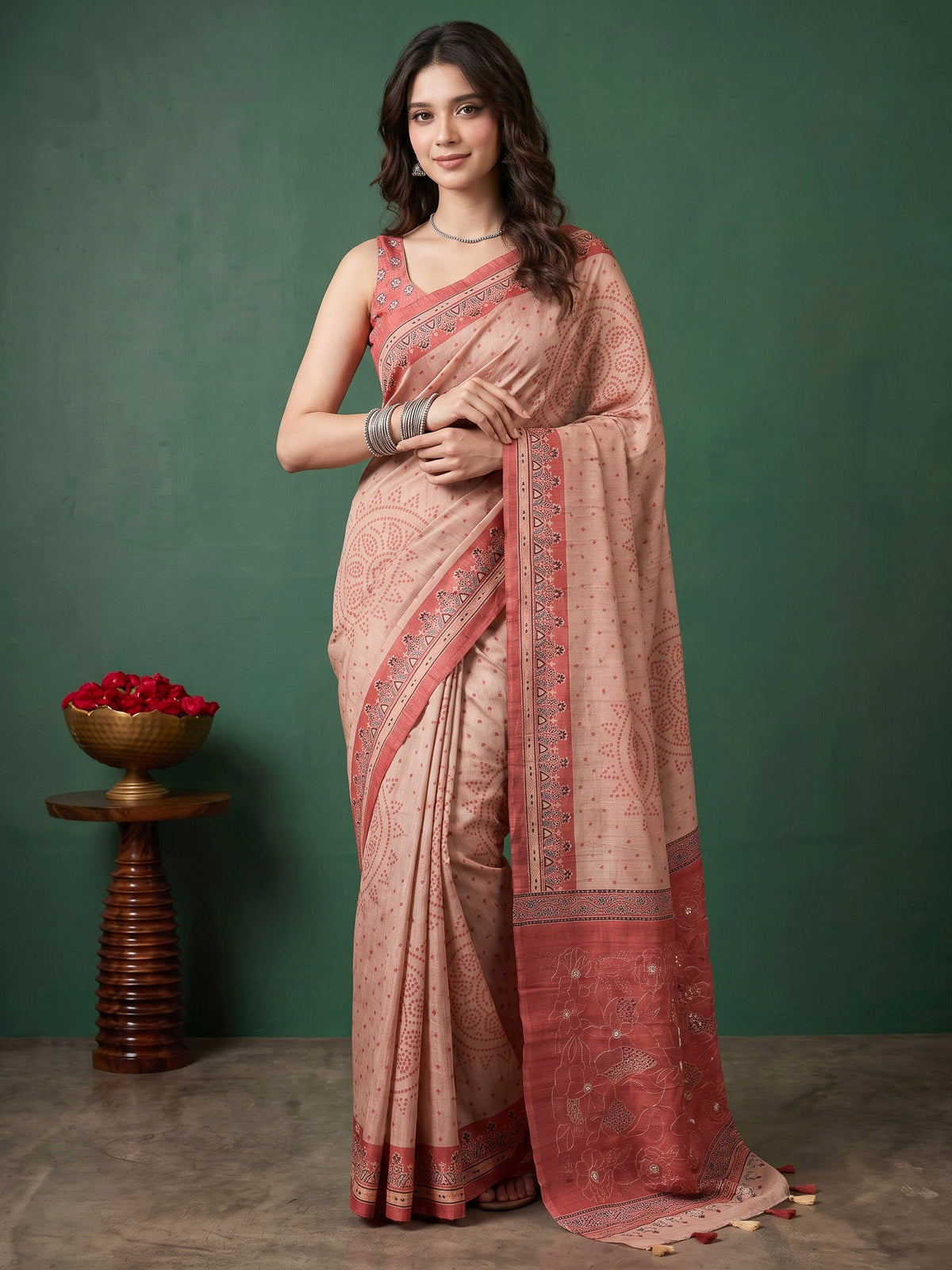 Peach Art Silk Printed Sarees