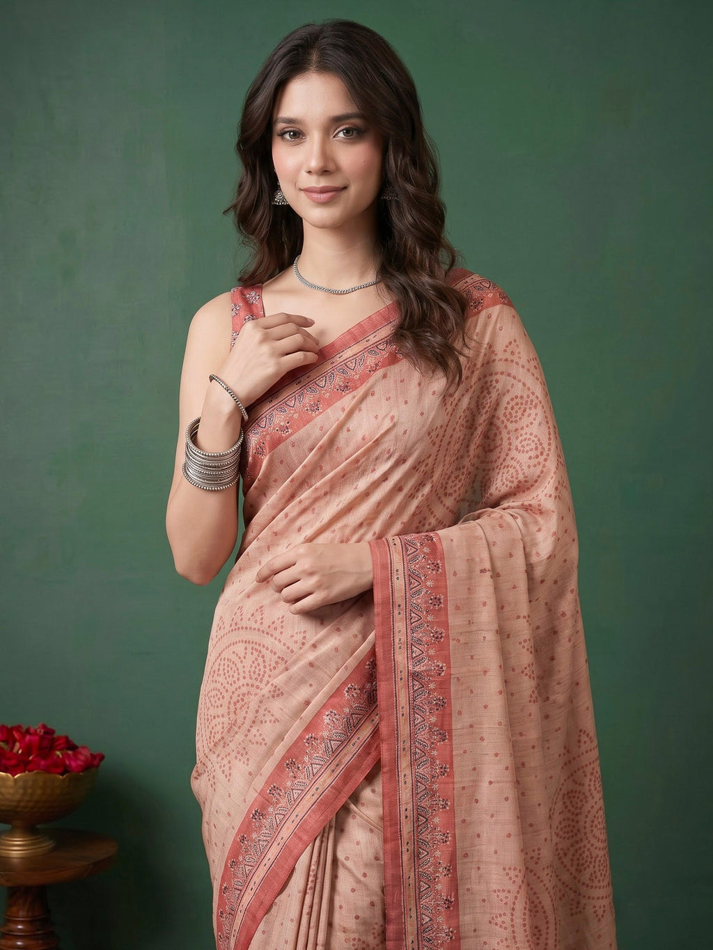 Peach Art Silk Printed Sarees