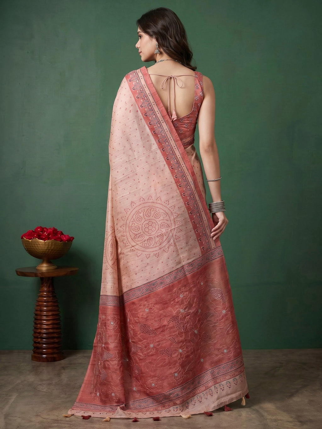 Peach Art Silk Printed Sarees