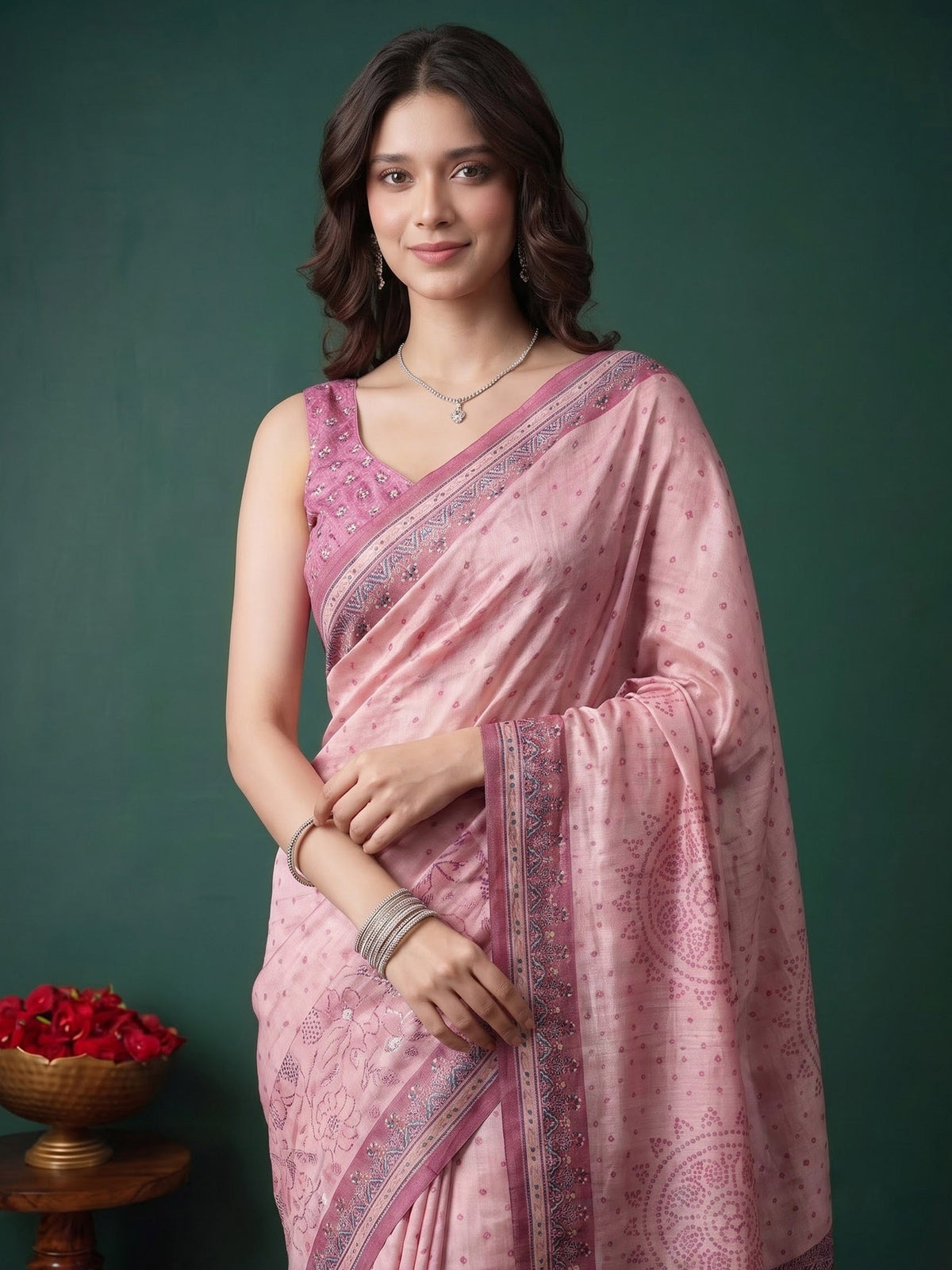 Pink Art Silk Printed Saree