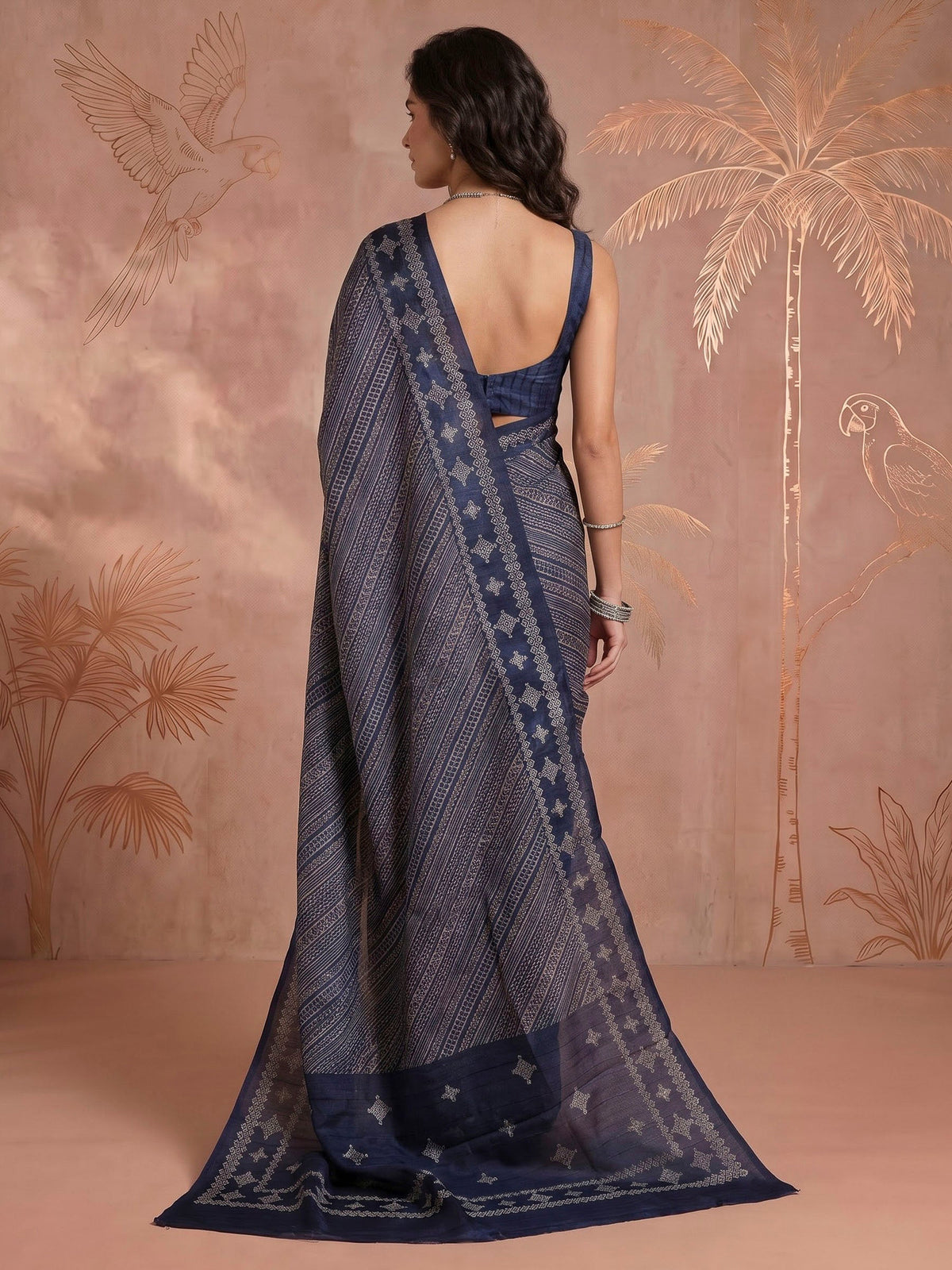 Navy Blue Art Silk Printed Saree