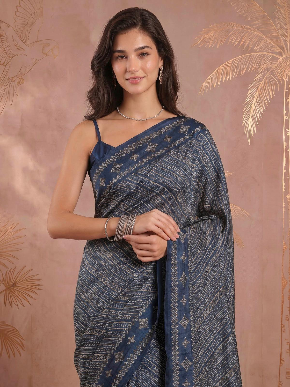 Teal Blue Art Silk Printed Saree