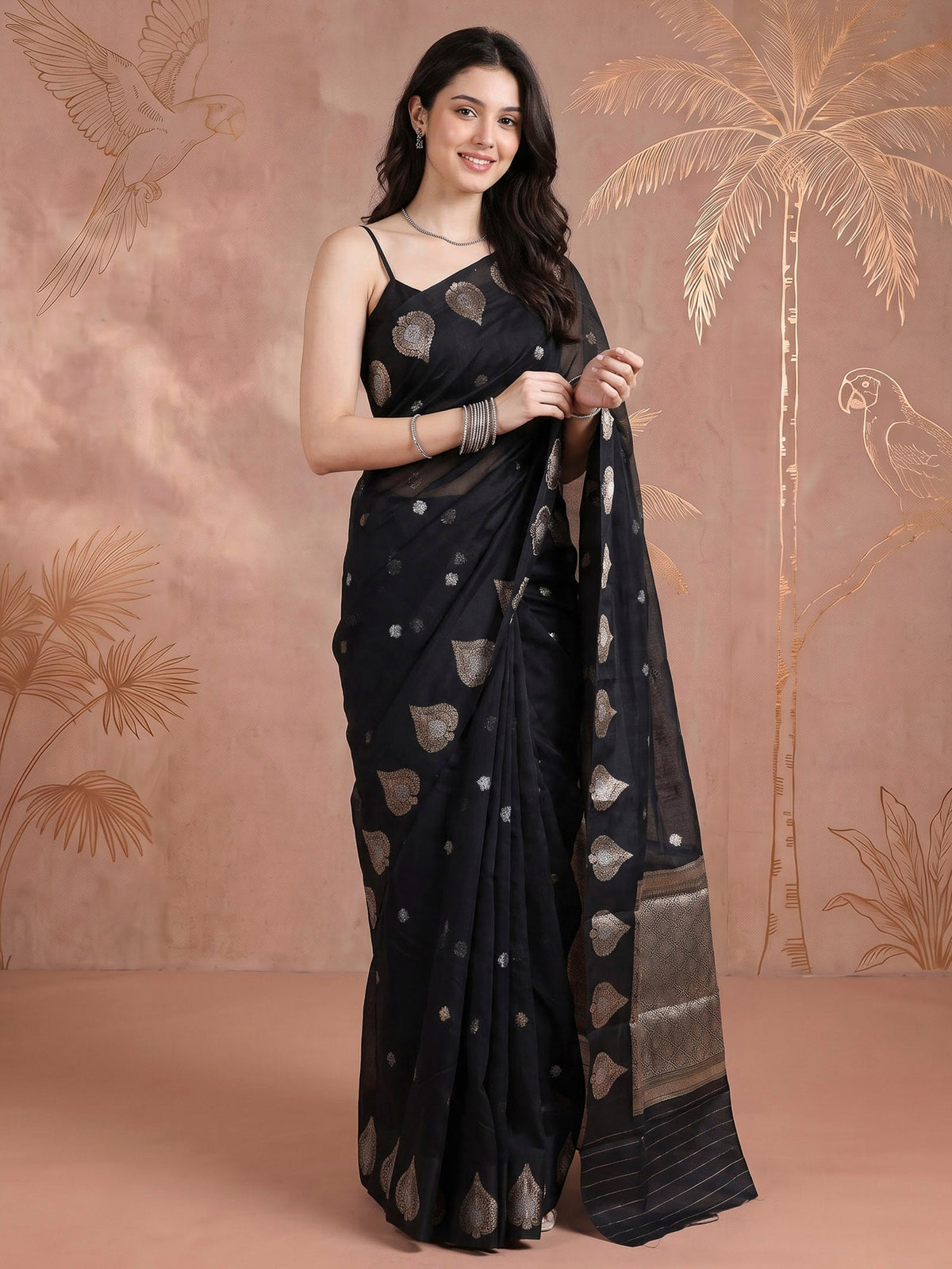 Black Cotton Blend Woven Saree