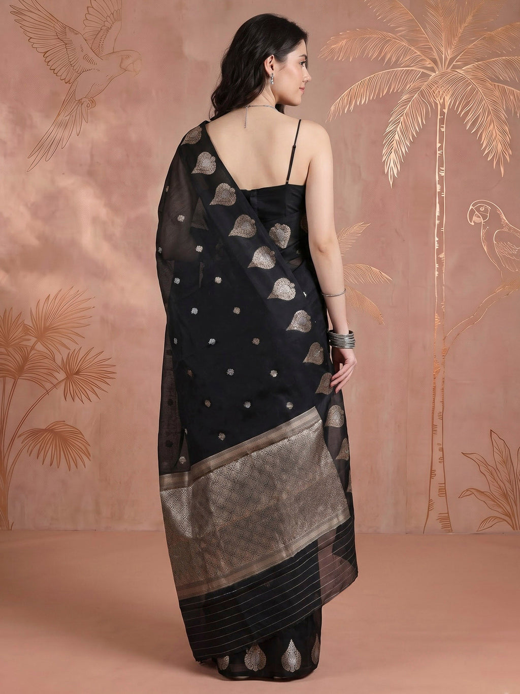 Black Cotton Blend Woven Saree