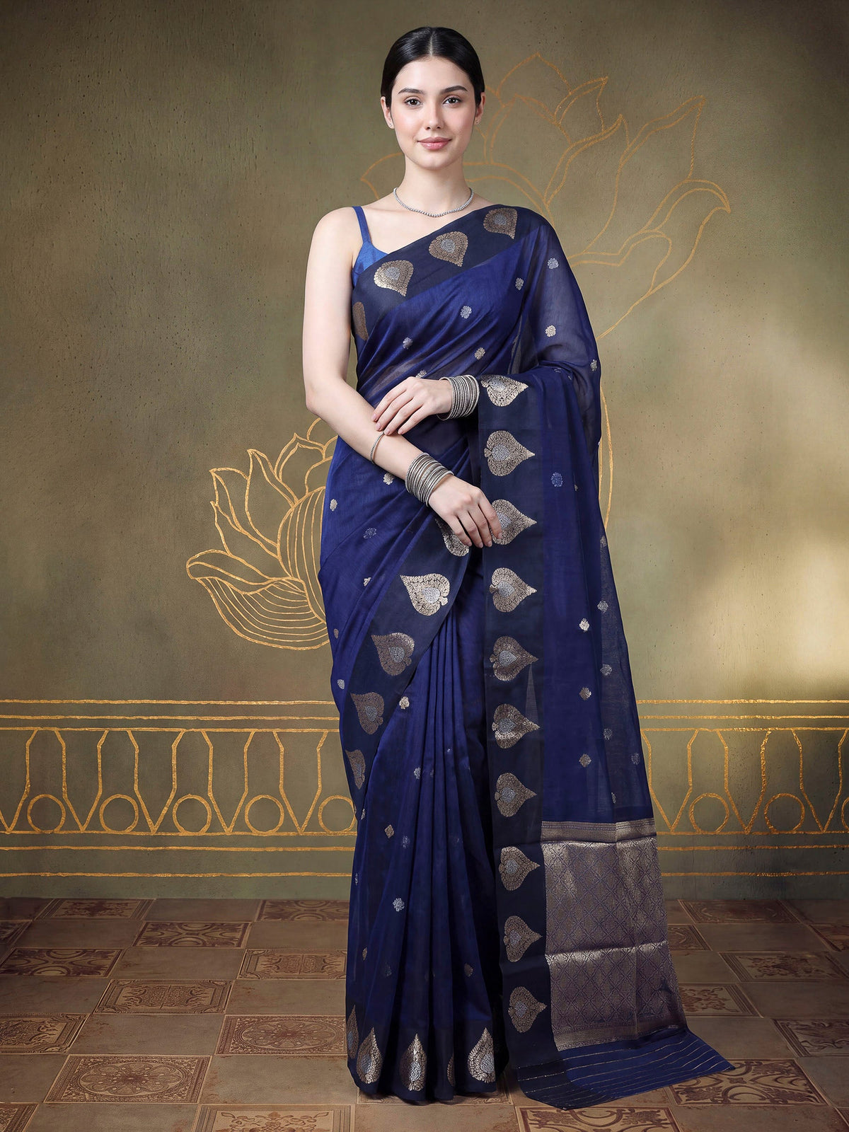 Navy Blue Cotton Blend Woven Saree