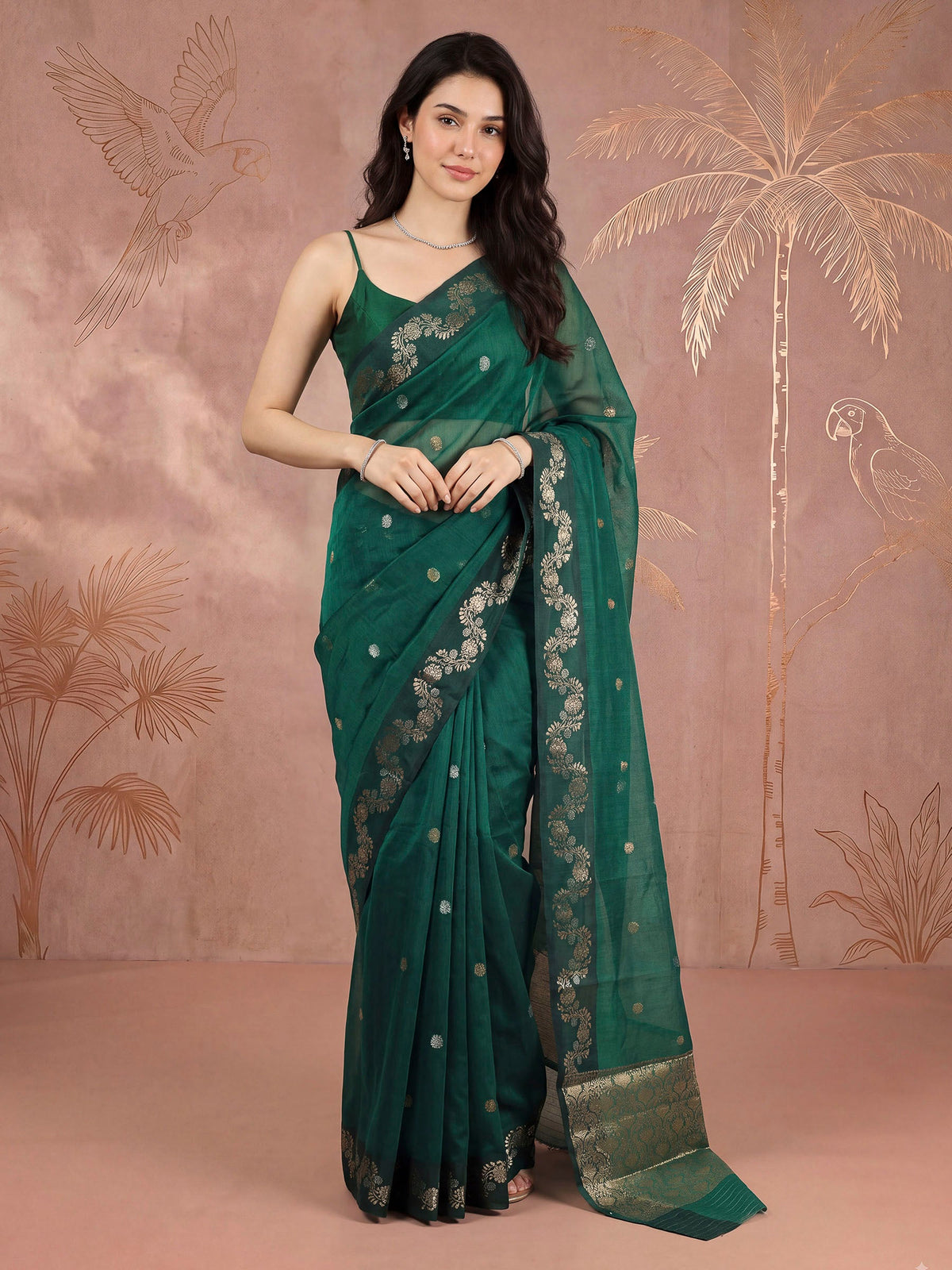 Green Cotton Blend Woven Saree