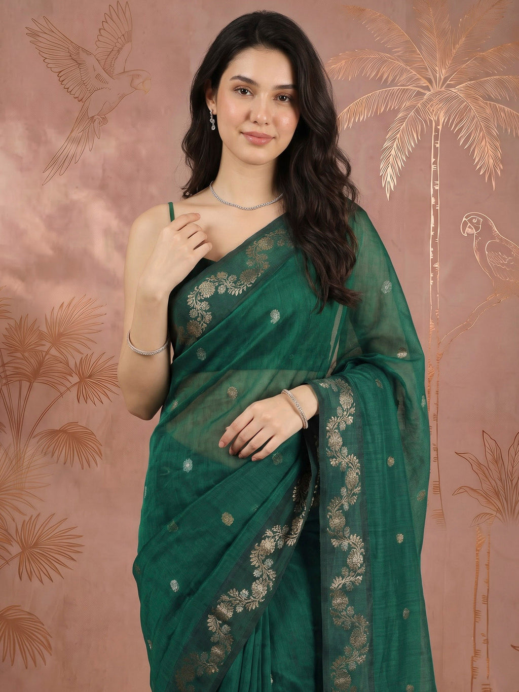 Green Cotton Blend Woven Saree