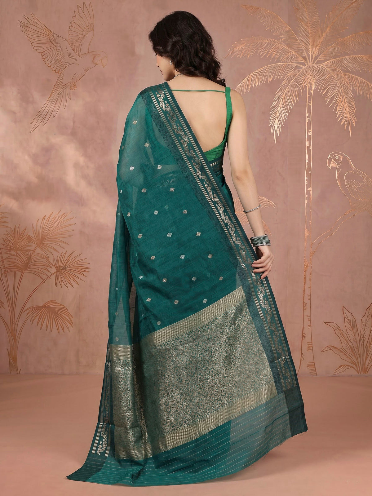 Green Cotton Blend Woven Saree