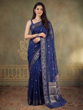 Navy Blue Cotton Blend Woven Saree