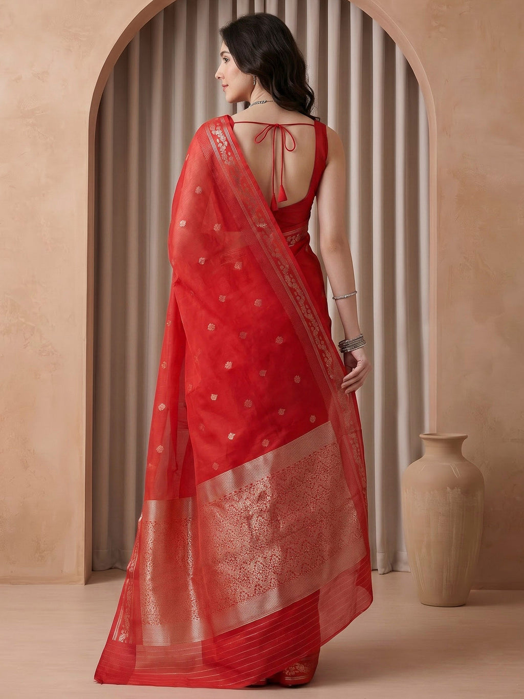 Red Cotton Blend Woven Saree