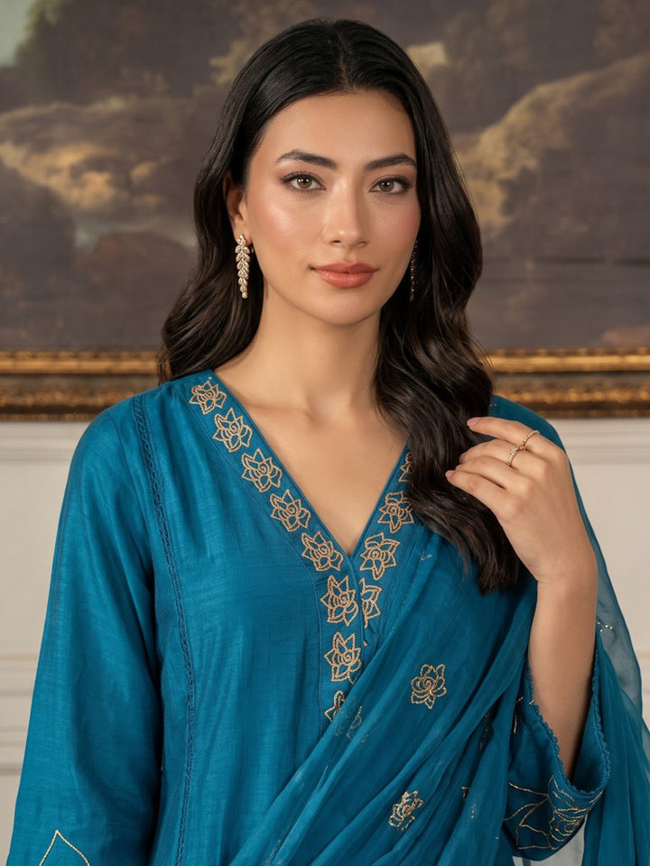 Blue Printed Chanderi Kurta With Pant &amp; Dupatta