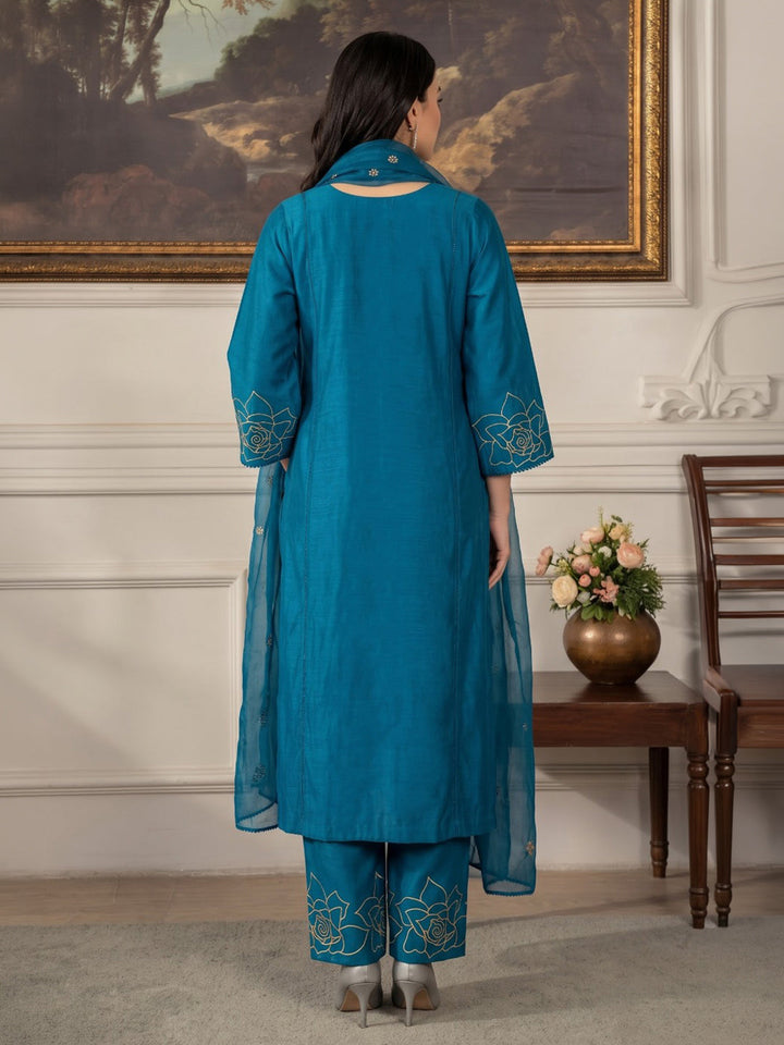 Blue Printed Chanderi Kurta With Pant &amp; Dupatta