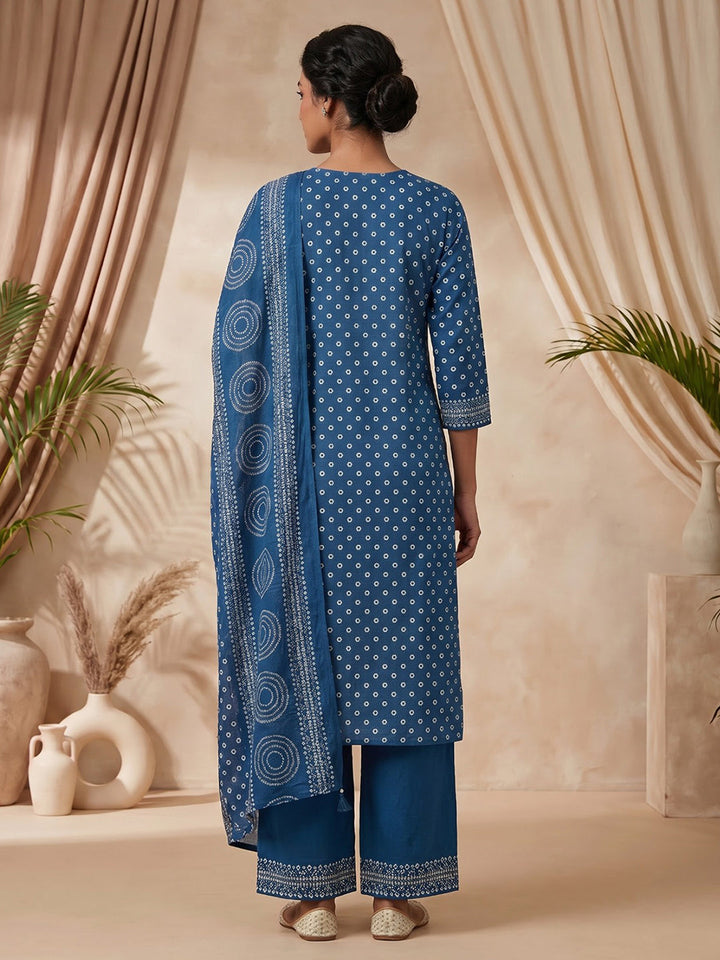 Blue Printed Cotton Blend Kurta With Pant &amp; Dupatta