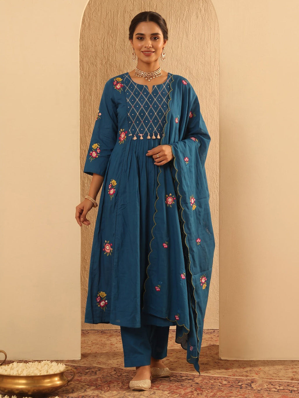 Blue Embroidered Cotton Blend Kurta With Pant & Dupatta