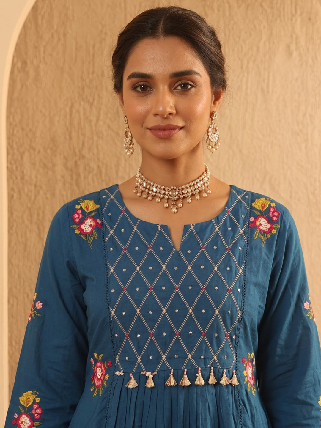 Blue Embroidered Cotton Blend Kurta With Pant & Dupatta