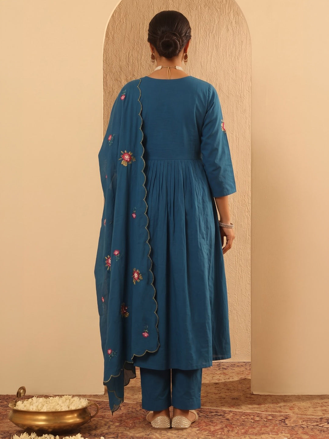 Blue Embroidered Cotton Blend Kurta With Pant & Dupatta