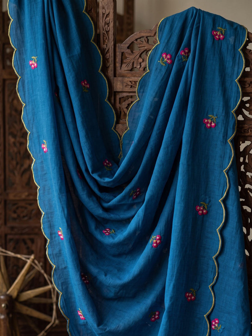 Blue Embroidered Cotton Blend Kurta With Pant & Dupatta