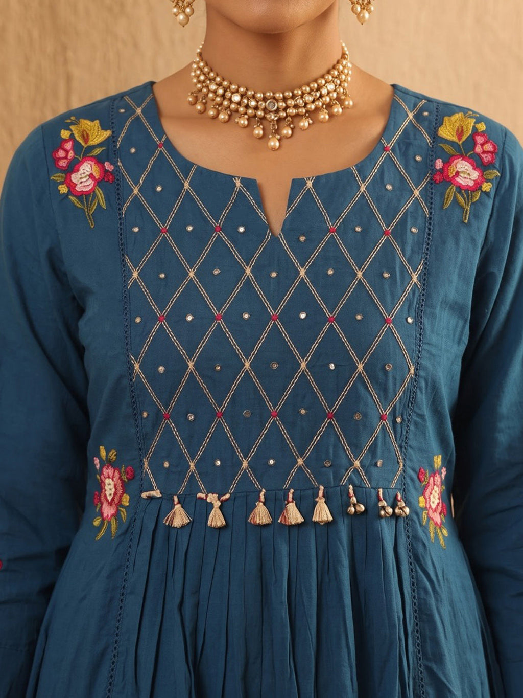 Blue Embroidered Cotton Blend Kurta With Pant & Dupatta