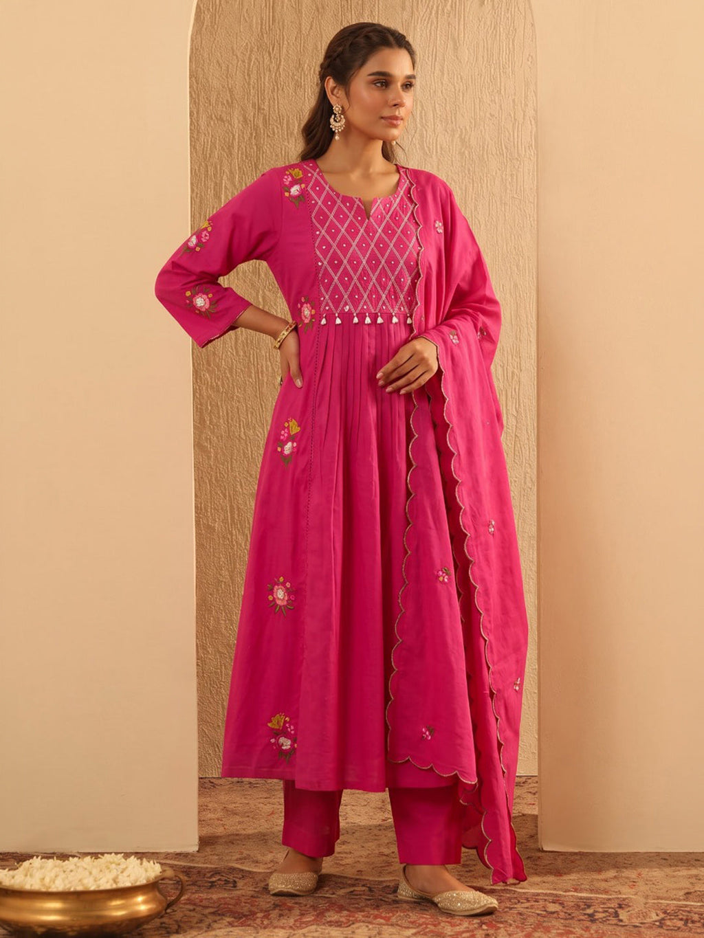 Rani Embroidered Cotton Blend Kurta With Pant & Dupatta
