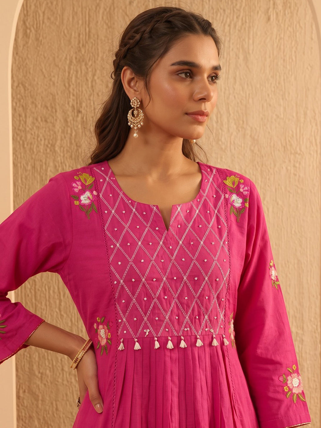 Rani Embroidered Cotton Blend Kurta With Pant & Dupatta