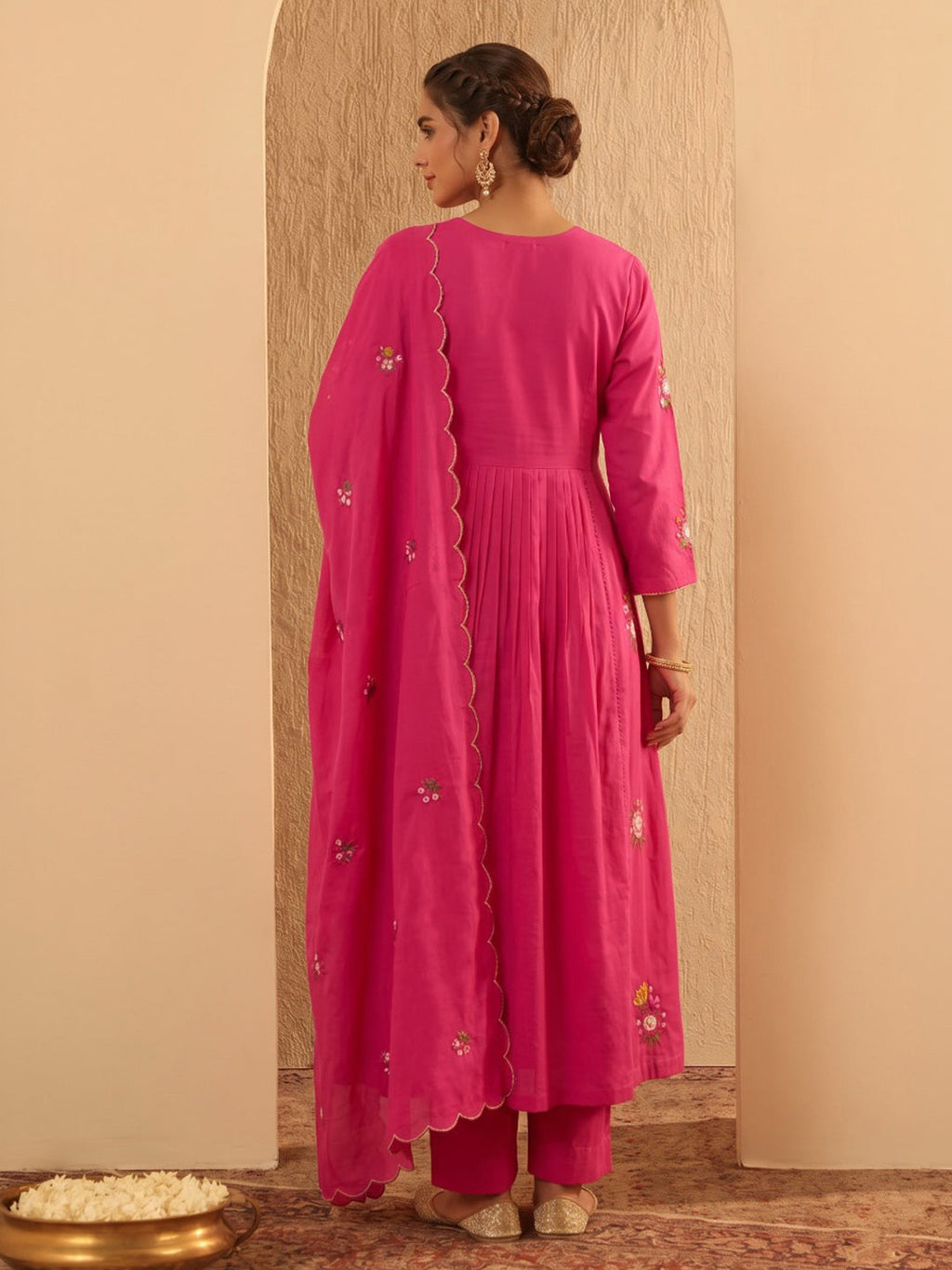 Rani Embroidered Cotton Blend Kurta With Pant & Dupatta