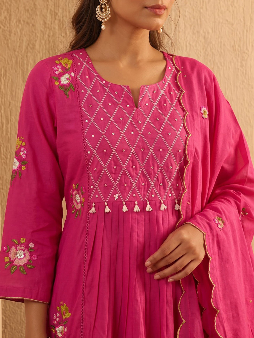 Rani Embroidered Cotton Blend Kurta With Pant & Dupatta