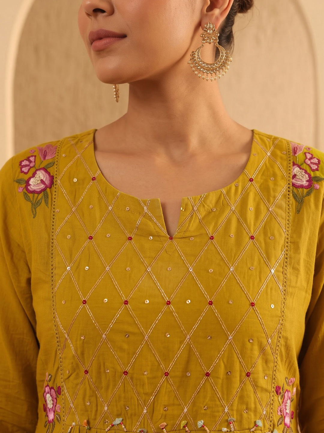 Yellow Embroidered Cotton Blend Kurta With Pant & Dupatta