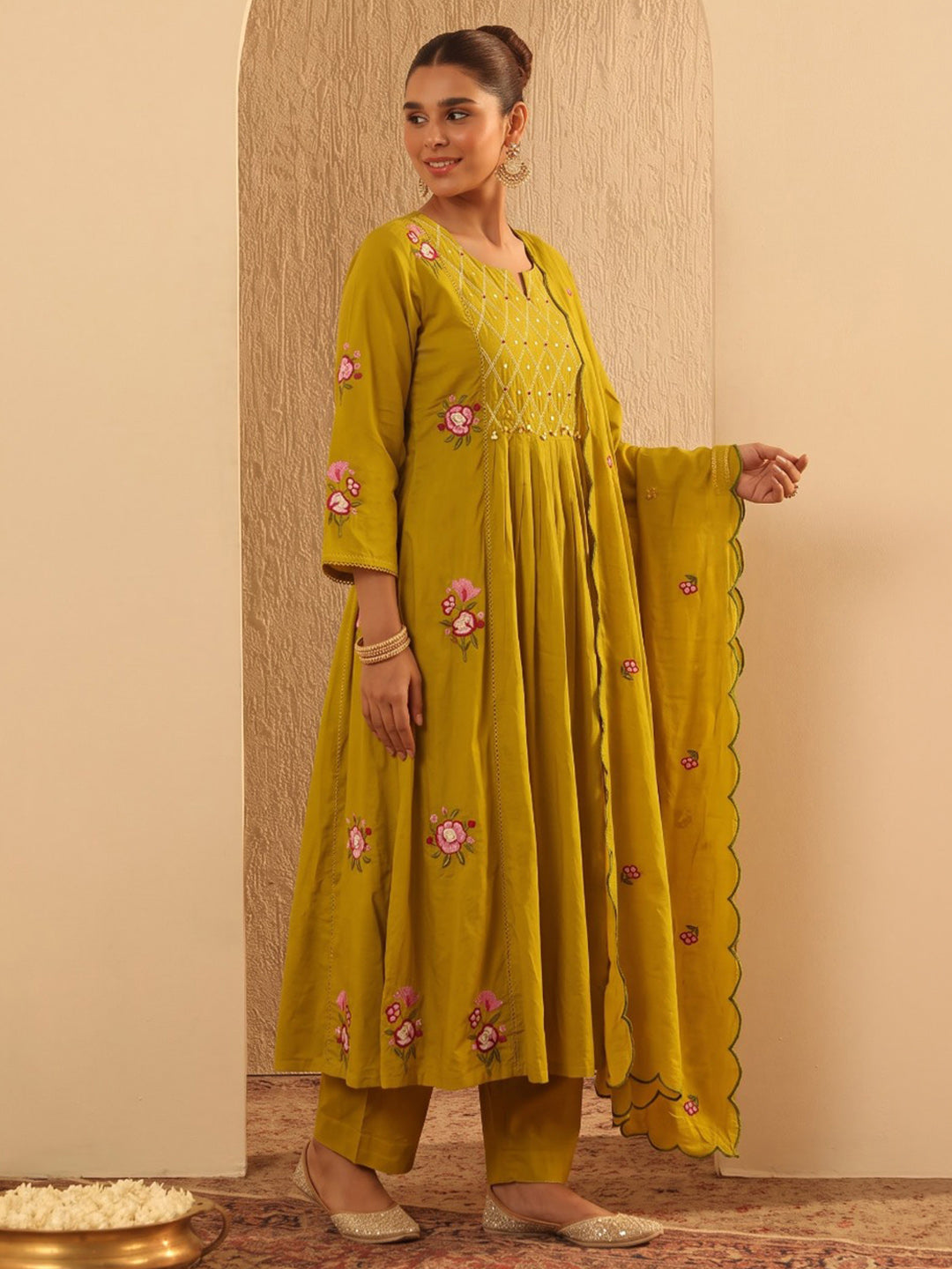 Yellow Embroidered Cotton Blend Kurta With Pant & Dupatta