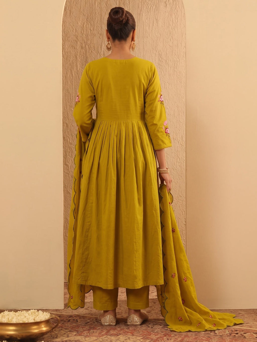 Yellow Embroidered Cotton Blend Kurta With Pant & Dupatta